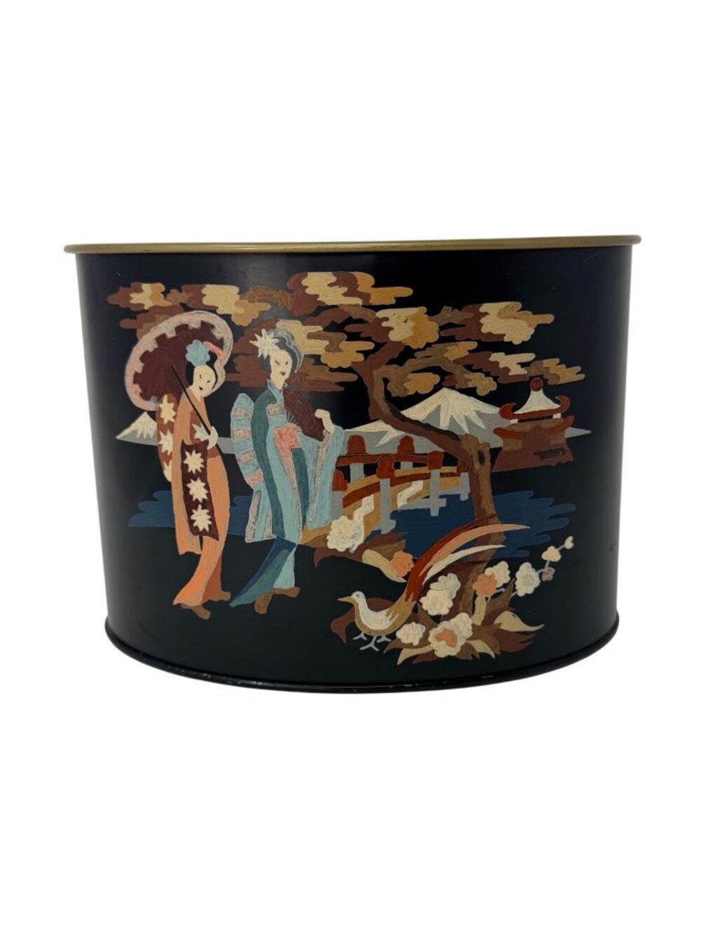 Vintage Black Metal Asian Scene Cachepot Planter Gold Trim 1960s Decor